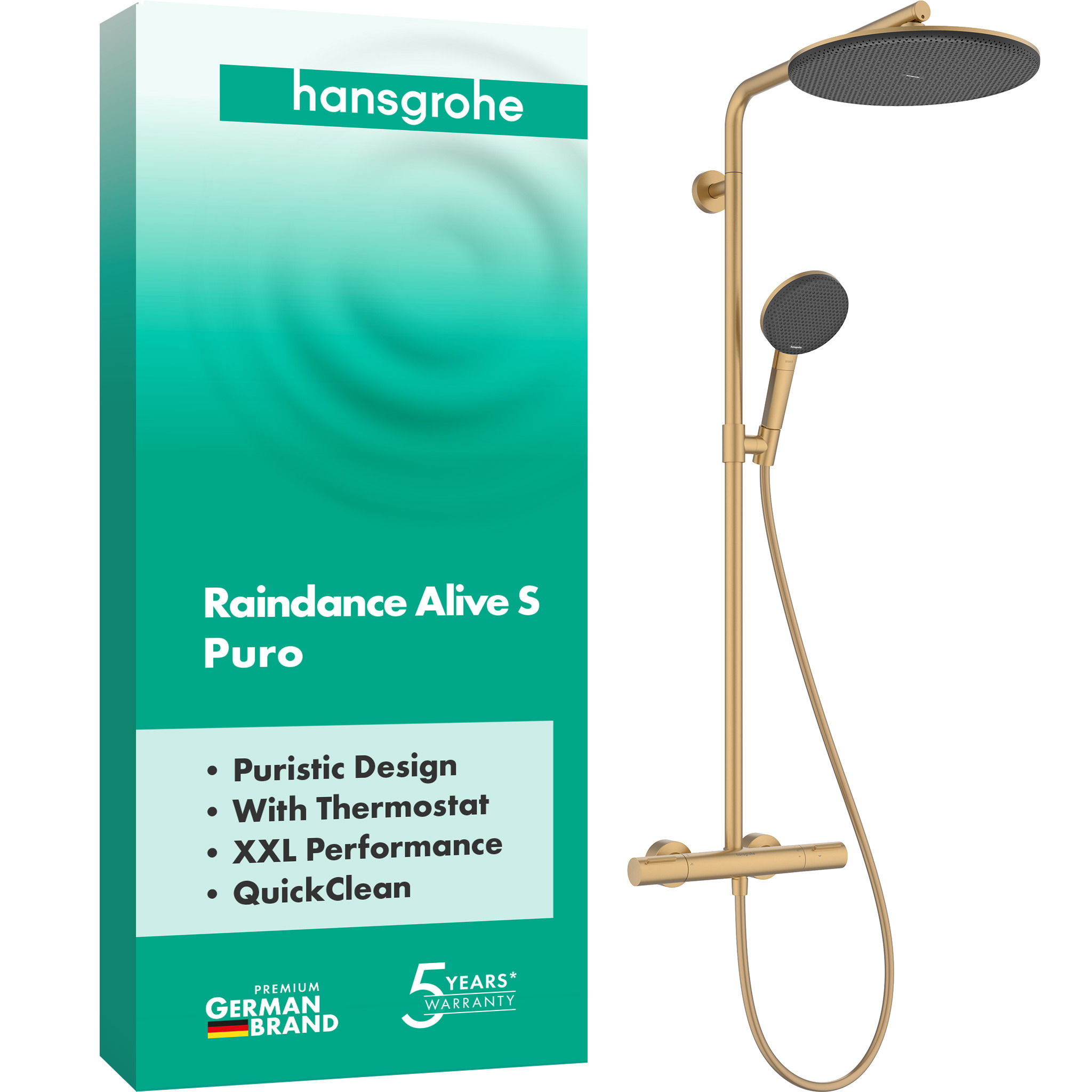 Душевая система hansgrohe Raindance Alive S Puro 300 1jet 24592140, с термостатом Ecostat Element, бронза - изображение